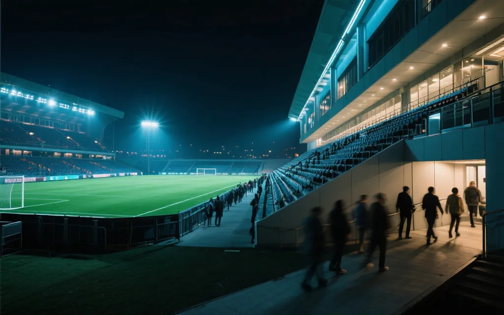 夜色下灯光明亮的现代球场看台与人群入场动线，体现不同容量带来的体验差异