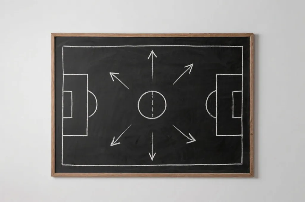 An abstract tactical chalkboard showing football strategic lines and movement arrows